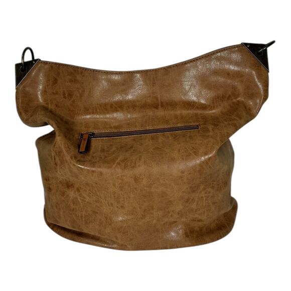 Joy Susan Darcy Zip Front Pocket Bucket Bag Faux Leather Vegan Tan Slouchy Hobo - Picture 8 of 9